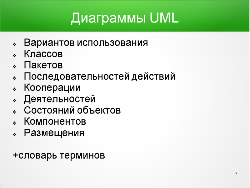 Диаграммы UML Вариантов использования Классов Пакетов Последовательностей действий Кооперации Деятельностей Состояний объектов Компонентов Размещения